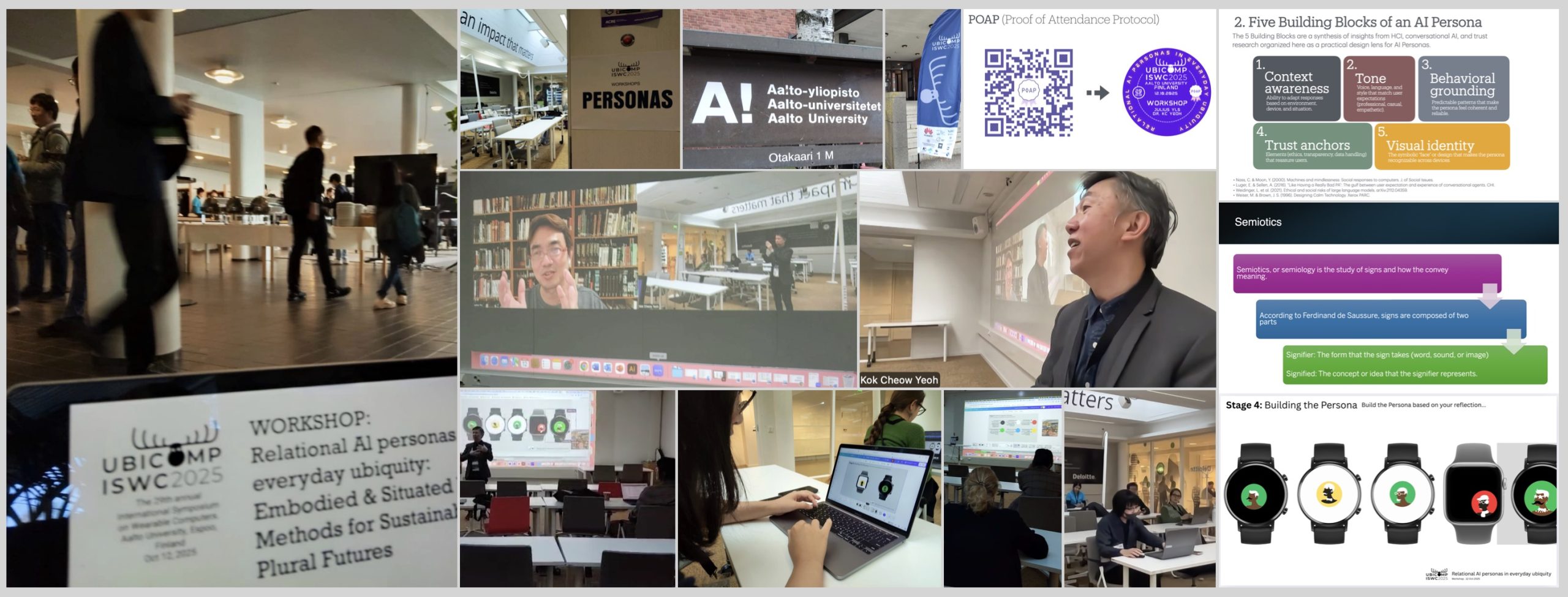 Snapshots from the Relational AI Personas workshop at ISWC 2025, featuring hybrid participation between Aalto University and online attendees engaging in mapping and discussion sessions.